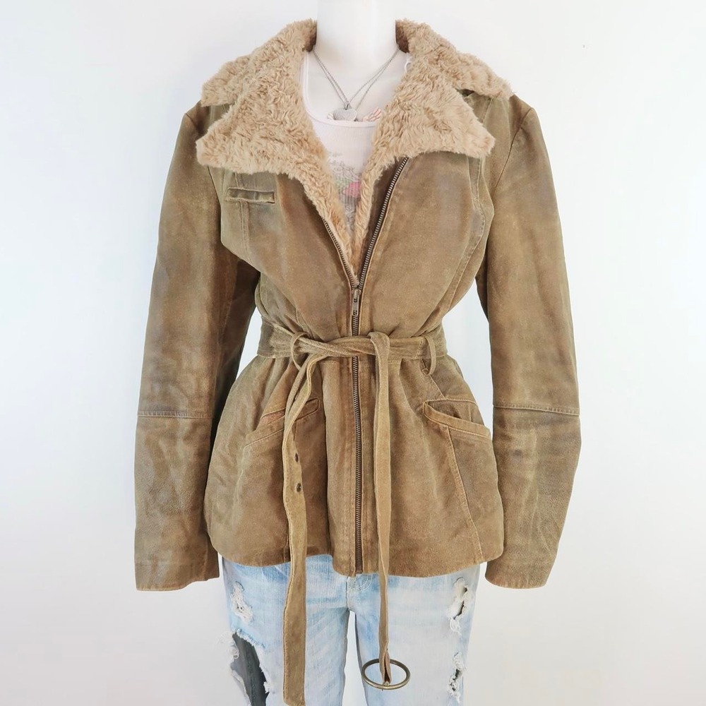 y2k brown suede leather jacket faux fur collar belted coat
